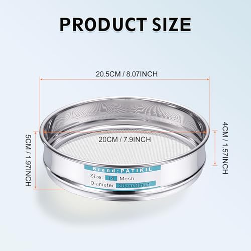 PATIKIL 14 Mesh(1.43mm) Lab Sieve, 7.9"(20cm) Diameter Sifting Screen 304 Stainless Steel Wire Cloth Fine Mesh Sieve for Industrial Laboratory Home Soil Sifter Dry Sift Screens Hash - size: 14 Mesh(1.43mm)/7.9"