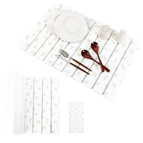 2pcs Stone Dish Drying Mat for Kitchen Counter, Quick-Dry Diatomaceous Earth Water Absorbent Pad & Countertop Drainer, Home Essentials for Bath and Pets - White & Floral, 24x16’’ & 8x4’’ - color: White Flora