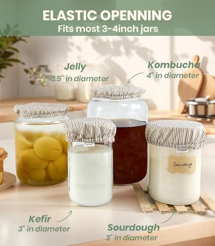 Cloth Kefir Lid Cover for Wide Mouth Mason Ball Jar | Breathable Cotton Replacement Top for Kombucha Brewing Gallon Glass Weck Canning Quart Jar | Sourdough Starter Making Fermentation Fabric Cap - style: Blue Striped Cotton