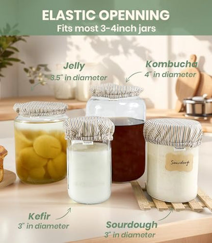 Cloth Kefir Lid Cover for Wide Mouth Mason Ball Jar | Breathable Cotton Replacement Top for Kombucha Brewing Gallon Glass Weck Canning Quart Jar | Sourdough Starter Making Fermentation Fabric Cap - style: Blue Striped Cotton