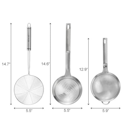 3 Pieces Spider Strainer Skimmer Spoon Set, Fine Mesh Stainless Steel Sieve Food Strainers, Large Hole Slotted Colander Frying Spoons, Strainer Ladle Wire Skimmer Spoon with Handle for Kitchen