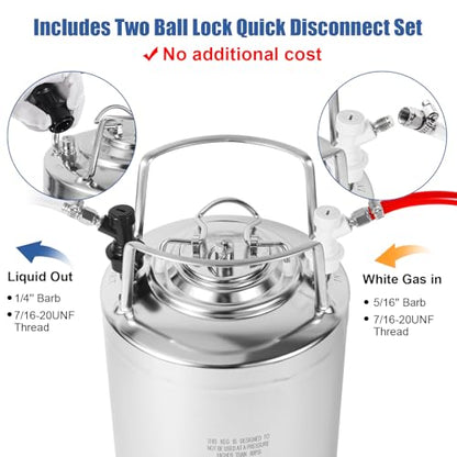 MRbrew New 2.6 Gallon Ball Lock Keg, Stainless Steel Beer Keg with Two Ball Lock Keg Fittings & Gasket Set, Double Ball Lock Post Corny Keg For Draft, Homebrew, Craft Beer, Cold Brew Keg for Party