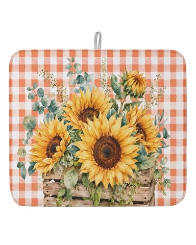Dish Drying Mat for Kitchen Counter Sunflower Wooden Box Drying Pad Absorbent Drying Mats for Countertops Sinks Draining Racks Red Buffalo Plaid Drainer Kitchen Decor 16x18 Inch - color: Orange