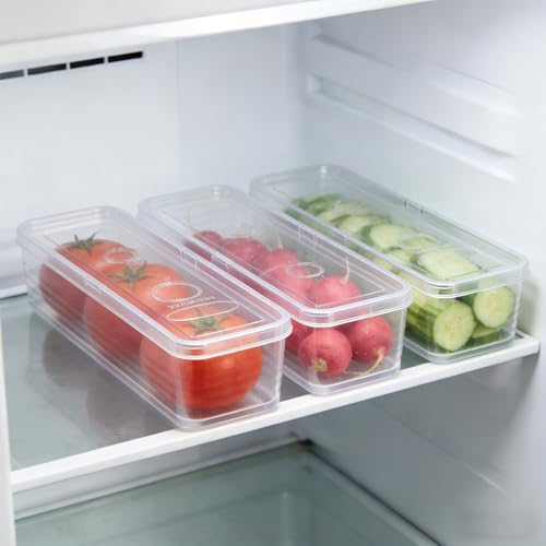 3 Pack Stackable Refrigerator Organizer Bins with Lids & Drain Tray, Clear Plastic Food Storage Containers, 10.5 Inch Long Airtight Box for Fruit, Vegetable, Meat, Fish, Kitchen Organization
