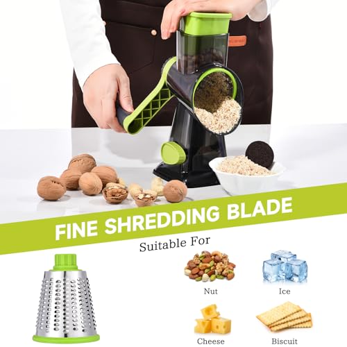 Rotary Cheese Grater with Handle Kitchen Shredder Slicer Grater Slicer Ice Shaver Cheese Vegetable Nuts Potato Zucchini Chocolate 3 Interchangeable Blades (Green TSP) - color: Green TSP
