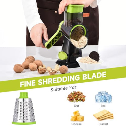 Rotary Cheese Grater with Handle Kitchen Shredder Slicer Grater Slicer Ice Shaver Cheese Vegetable Nuts Potato Zucchini Chocolate 3 Interchangeable Blades (Green TSP) - color: Green TSP