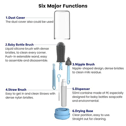 Travel Bottle Cleaner Kit, Silicone Baby Bottle Brush Set with Bottle Brush, Drying Rack, Nipple Brush,Straw Brush,Soap Dispenser, Portable Baby Bottle Brush Cleaner for Home and Travel,Blue - color: Light Blue