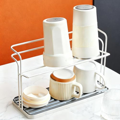 Bottle Drying Rack,Coffee Mug Holder with Drain Tray for Coffee Cup,Water Cup(Silver) - color: Silver