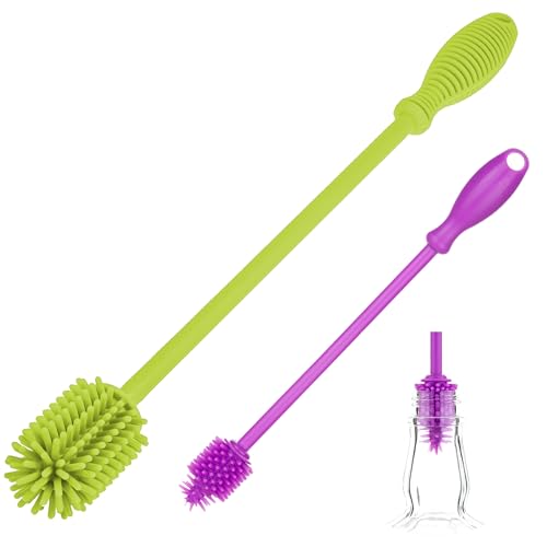 A-Brush Silicone Bottle Cleaner Brush, 2 Piece Set, Flexible, Long Handle - Water Bottle Cleaner, Baby Bottle Nipple Brush for Plastic & Glass, BPA-Free Dish Washing Brush A2S Protection - color: Green - Purple 2pk