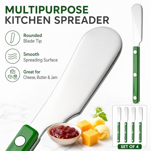 4PCS Stainless Steel Butter Knives Set: 6.3 Inch Cheese Spreader 304 Stainless Steel with Ergonomic Handle for Cheese, Butter & Jam (green) - color: green