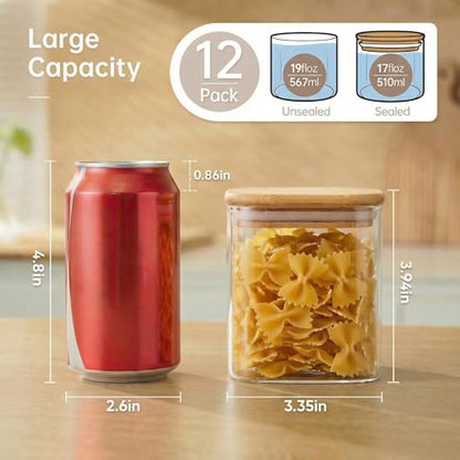 HomArtist Square Glass Jars with Bamboo Lids 17 FL OZ [Set of 12], Glass Canisters with Airtight Lids, Glass Food Storage Containers for Spice, Sugar, Tea, Candies, Cookies, Best for Kitchen & Pantry - color: Square 17OZ Set-12Pack