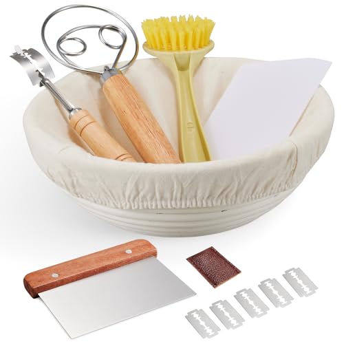 Dimpola Banneton Bread Proofing Basket Banneton Basket Set Sourdough Proofing Basket Round Proofing Bowls Handmade Rattan Baskets and Liners (Round 9 inch Baking Set) - style: Round 9 inch Baking Set