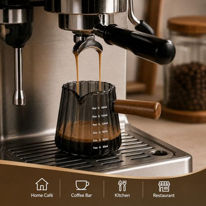 2 Pack Espresso Shot Measuring Cups 6oz, Clear & Grey Ribbed Glass Espresso Cups with Wood Handle, V-Shaped Spout, oz/ml Markings for Espresso, Milk Frothing, Latte and Coffee Bar - color: Clear + Gray (2 Pack)