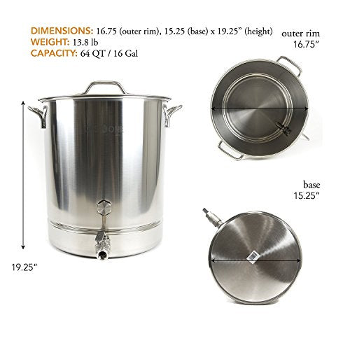 GasOne 16 Gallon Stainless Steel Home Brew Kettle Pot Pre Drilled 4 PC Set 64 Quart Tri Ply Bottom for Beer Brewing Includes Stainless Steel Lid Ball Valve, Thermometer, Spigot - Home Brewing Supplies - size: 64 QT/16 GALLON