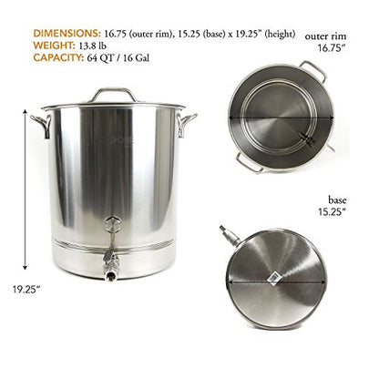 GasOne 16 Gallon Stainless Steel Home Brew Kettle Pot Pre Drilled 4 PC Set 64 Quart Tri Ply Bottom for Beer Brewing Includes Stainless Steel Lid Ball Valve, Thermometer, Spigot - Home Brewing Supplies - size: 64 QT/16 GALLON
