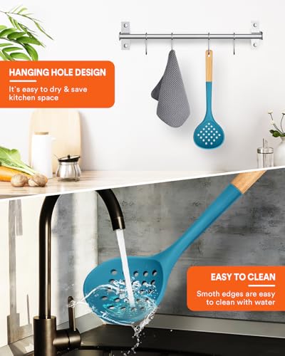 Kitchen Ladle Strainer, Large Slotted Spoon with High Heat Resistant BPA Free, Non Stick Cooking Skimmers For Draining & Frying, 13.2inch (Blue) - color: Blue