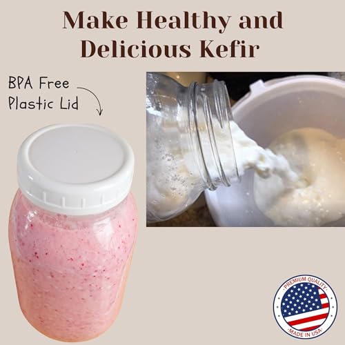 Jarming Collections Complete Kefir Starter Kit/Kombucha Fermentor Kit-1 Mason Jar Wide Mouth-Plastic Storage Lid - HIC(4 Inch) Nylon Mesh Strainer-Cotton Cloth Cover and Wood Spoon (Half Gallon)