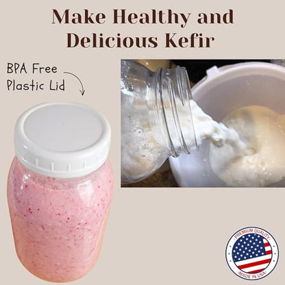 Jarming Collections Complete Kefir Starter Kit/Kombucha Fermentor Kit-1 Mason Jar Wide Mouth-Plastic Storage Lid - HIC(4 Inch) Nylon Mesh Strainer-Cotton Cloth Cover and Wood Spoon (Half Gallon)