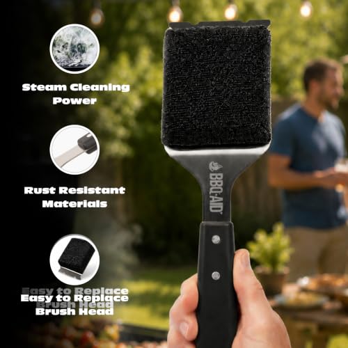 Bristle Free Grill Brush Cleaner and Scraper for Barbecue, Replaceable Head | Safe Bristle-Free Stainless Steel Scrub Pad with Heavy-Duty Scraper & Long Black Handle, Safe on Any Grill Grate - color: Black