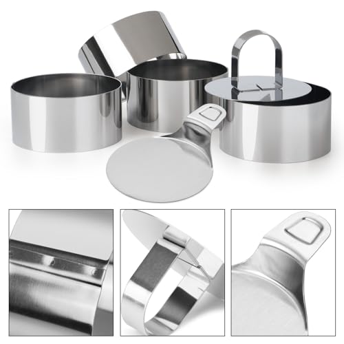 HULISEN Round Cake Ring Mold Set, 3" Crumpet Rings, Stainless Steel Dessert Cooking Molds with Presser & Lifter, Ideal Tool for Mousse, Pastries, Pancakes, Salads - size: 4 Round/ Set-3 Inch with Pusher & Lifter