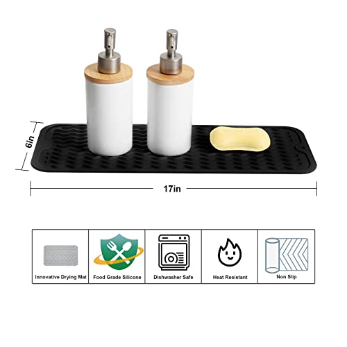 ZLR 2 Pcs Small Dish Drying Mat (6" x 17" / 153 x 433mm) - Narrow Silicone Drainer for Kitchen Counter, Apartment & RV - Compact Sponge Holder & Sink Caddy Tray, Non-Slip Food-Grade Silicone (Black) - color: Black, size: 17" x 6"