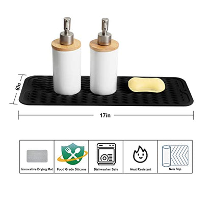 ZLR 2 Pcs Small Dish Drying Mat (6" x 17" / 153 x 433mm) - Narrow Silicone Drainer for Kitchen Counter, Apartment & RV - Compact Sponge Holder & Sink Caddy Tray, Non-Slip Food-Grade Silicone (Black) - color: Black, size: 17" x 6"