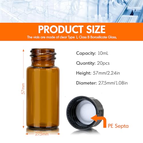PEKYBIO 20PCS 10ML 0.34OZ Amber Small Liquid Sample Glass Vials with Screw Caps, 22mmx 52mm Leak-Proof Vial, 18-400 Black Screw Cap with PE Liners for Lab, Essential Oil, Perfume, Reagents - size: 22*52mm 10ml Vial