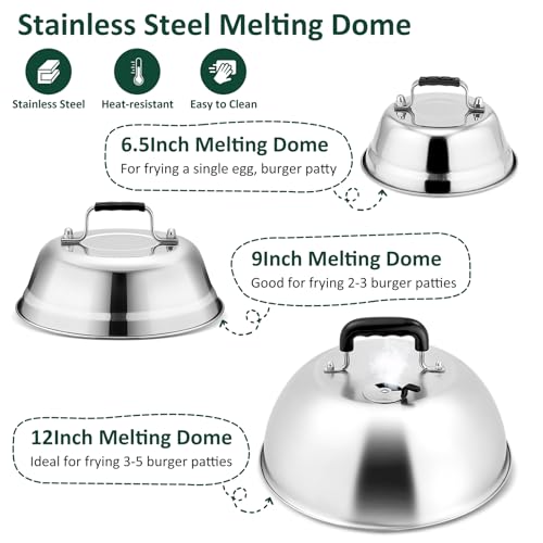 3Pcs Basting Cover & Smash Burger Press, Leonyo 12"- 9"- 6.5" Cheese Melting Dome, Stainless Steel Bacon Press Griddle Dome Steam Lids Smash Burger Kit for Kitchen, BBQ Flat Top Grill, Teppanyaki