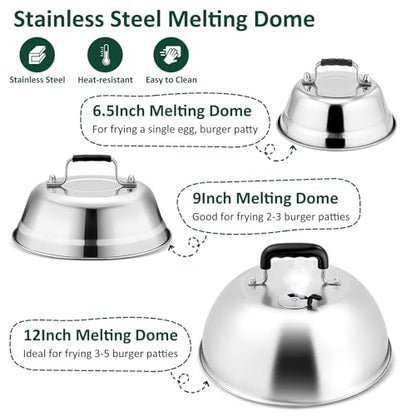 3Pcs Basting Cover & Smash Burger Press, Leonyo 12"- 9"- 6.5" Cheese Melting Dome, Stainless Steel Bacon Press Griddle Dome Steam Lids Smash Burger Kit for Kitchen, BBQ Flat Top Grill, Teppanyaki