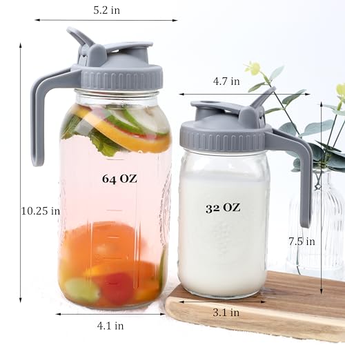 Mason Jar Pitcher Wide Mouth 32 OZ Glass Jars With Pour Spout Lids Airtight Leak-proof 1 Quart Water Pitcher With Handle For Iced Tea, Milk, Sun Tea, Lemonade, Iced Coffee - color: 32 OZ