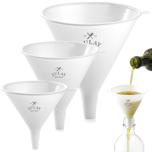 Zulay Kitchen 3-Piece Plastic Funnel Set - Large, Medium, and Small Kitchen Funnels Pouring Spout - for Filling Bottles Water Liquid, Protein Powder, Food Grade Cooking, Drink, Paint, Lotion, Kids