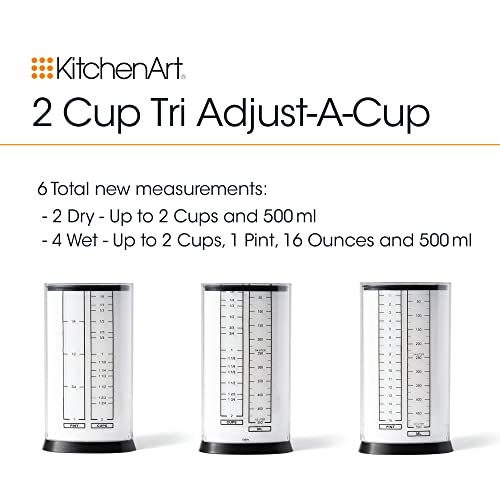 KitchenArt 2 Cup Tri Adjust A-Cup, Easy Pour Measuring Cup, 3.25x3.25x6", Black/White | Mess Free Pouring | Measures 1/8 to 2 Cups | Includes Conversions | Kitchen Adjustable Measuring Cup For Liquids & Solids - size: 2 Cup