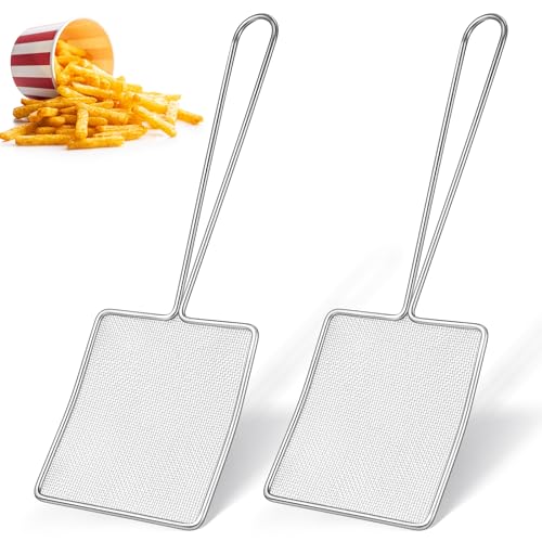 Mumufy 2 Pcs Square Fine Mesh Skimmer Spider Strainer Oil Skimmer for Deep Fryer Frying Scoop Stainless Steel Spider Strainer with Long Handle for Kitchen Swimming Pools Fried Food (5 x 6 Inch) - size: 5 x 6 Inch