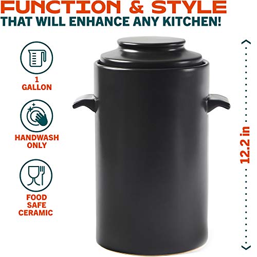 HomeBuddy Fermentation Crock (1 Gallon) with Weights, Acacia Wood Pounder and Recipie Book - Sauerkraut Fermentation Kit, Onggi Kimchi Jar, Fermenting Crock for Pickling or Sourdough - color: Black