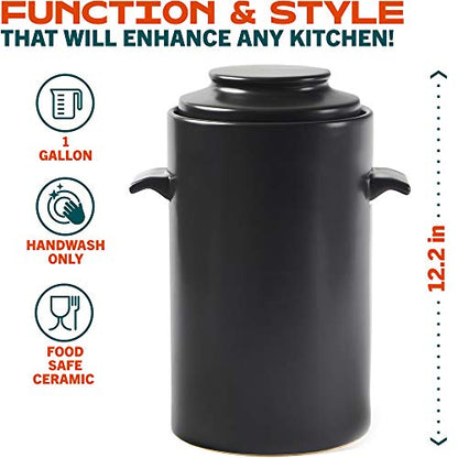 HomeBuddy Fermentation Crock (1 Gallon) with Weights, Acacia Wood Pounder and Recipie Book - Sauerkraut Fermentation Kit, Onggi Kimchi Jar, Fermenting Crock for Pickling or Sourdough - color: Black