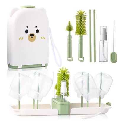Baby Bottle Cleaner Brush Set Bottle Cleaner Brush Set Portable Bottle Cleaning Kit Set Silicone Brush, Nipple Brush, Straw Brush, Dispense Detergent Dispenser, Drying Rack - 6 in 1 - color: White