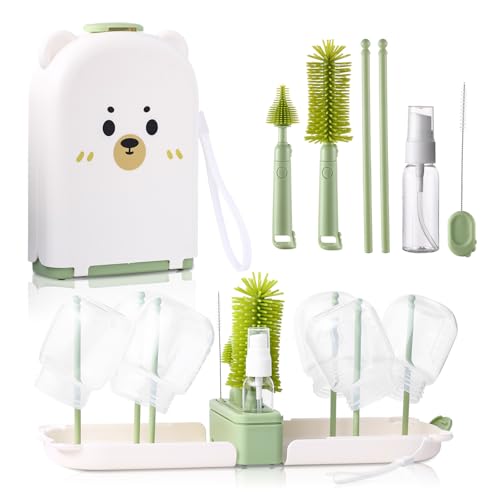 Baby Bottle Cleaner Brush Set Bottle Cleaner Brush Set Portable Bottle Cleaning Kit Set Silicone Brush, Nipple Brush, Straw Brush, Dispense Detergent Dispenser, Drying Rack - 6 in 1 - color: White