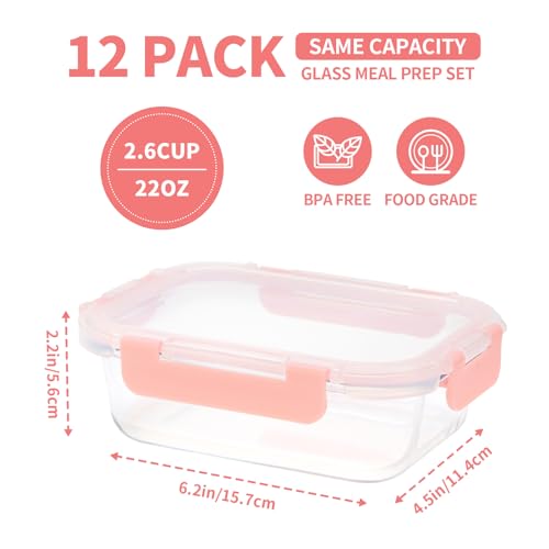 GULFLIN Glass Meal Prep Containers 12-Pack, 22oz Glass Food Storage Containers with Lids, Air-Tight, Leak-Resistant, Freezer to Microwave Safe-Pink Set - color: 22oz,12 Pack-Pink Set,Same Size