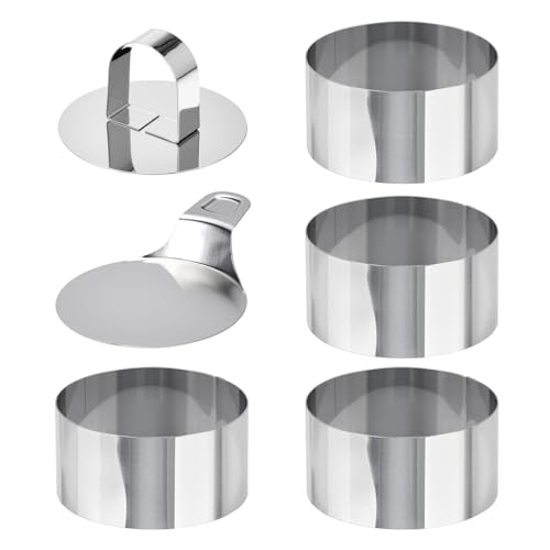 HULISEN Round Cake Ring Mold Set, 3" Crumpet Rings, Stainless Steel Dessert Cooking Molds with Presser & Lifter, Ideal Tool for Mousse, Pastries, Pancakes, Salads - size: 4 Round/ Set-3 Inch with Pusher & Lifter