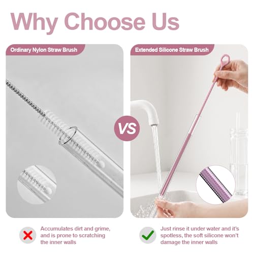YOTIME Straw Cleaner Brush Extra Long 12.6 inch, 2Pcs Reusable Silicone Straw Brush for Sippy Cup, Water Bottle and Tubes, 6mm+9mm, Pink - color: Pink