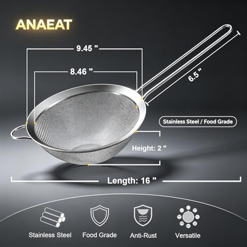 Anaeat Fine Mesh Strainers - Premium Stainless Steel Colander Sieve Sifters, with Durable Mesh and Sturdy Handle, Excellent for Sifting Dry ingredients, Flour, Pastas, Rice, Tea (9.45"） - color: 9.45" Diameter