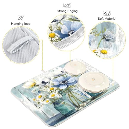 Rustic Daisy Flower Mason Jars Dish Drying Mat 16 x 18 Inch Kitchen Counter Mat Absorbent Dishes Rack Pad for Countertops Sinks Draining Mats - size: 18" x 16"