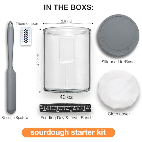Premium Pro Sourdough Starter Jar Kit - 40oz Large Wide Mouth Sourdough Bread Jar with Marked Feeding Band, Thermometer, Scraper, Cloth Cover and Silicone Lid/Base, Glass Container, Baking Supplies