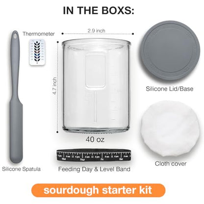 Premium Pro Sourdough Starter Jar Kit - 40oz Large Wide Mouth Sourdough Bread Jar with Marked Feeding Band, Thermometer, Scraper, Cloth Cover and Silicone Lid/Base, Glass Container, Baking Supplies