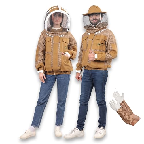 3 Layer Ventilated Sting Proof Bee Jacket for Men & Women, Premium Beekeeping Jacket with Gloves & Two Beekeeper Veils. (Brown J/4XL) - color: Brown, size: 4X-Large
