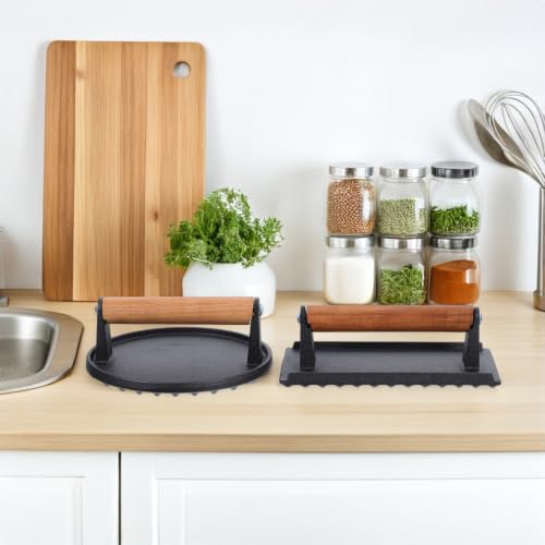 HOMSFOU 2pcs Cast Iron Grill Press with Wooden Handle for Steaks and Sandwiches, Heavy-Duty Meat Press with Grooved Bottom and Nonstick Surface, Safe for Stoves, Ovens, Grills,
