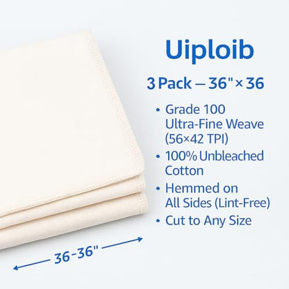 3 Pack Grade 100 Cheesecloth 36×36 in — Reusable Cheese Cloths, 100% Unbleached Cotton, Hemmed on All Sides (Lint-Free), Butter Muslin for Straining Yogurt, Nut Milk, Broth, Jelly & Cold Brew - size: 3 PCS - 36x36 Inch