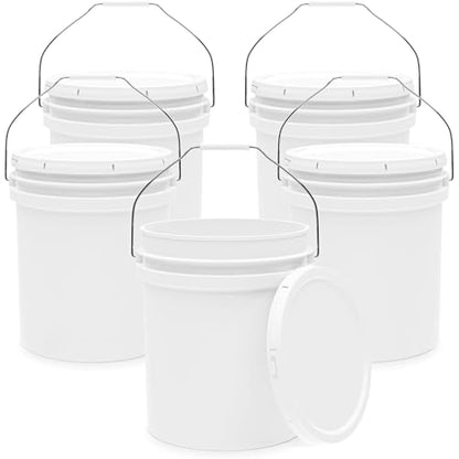 5-Gallon White Bucket Pail Container with Lid | Food Grade | Heavy-Duty Approx 90 MIL Extra Durable | Metal Handles with Plastic Grip | Multi-Use | Easy Stack and Store | BPA Free - 5 Pack - color: White - 5 Gallons, size: 5 Packs