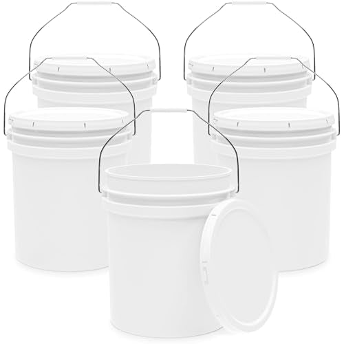5-Gallon White Bucket Pail Container with Lid | Food Grade | Heavy-Duty Approx 90 MIL Extra Durable | Metal Handles with Plastic Grip | Multi-Use | Easy Stack and Store | BPA Free - 5 Pack - color: White - 5 Gallons, size: 5 Packs