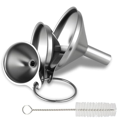 Stainless Steel Kitchen Funnel, Large, Medium and Small Three-piece Set with Cleaning Brush, Mini Metal Kitchen Funnel, for Transferring Liquids and Small Solids, Spices, Essential Oils, Fluid Foods